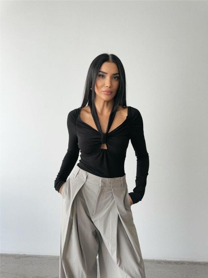 SANDY BODYSUİT ÖNDEN BAĞLAMA DETAYLI - Siyah - 1