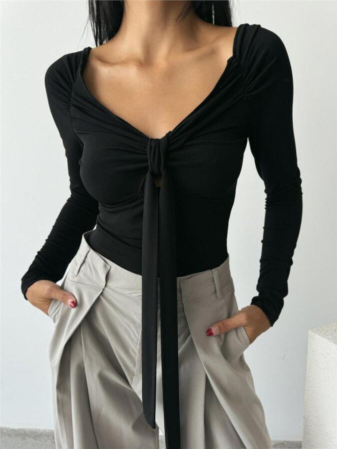 SANDY BODYSUİT ÖNDEN BAĞLAMA DETAYLI - Siyah - 3