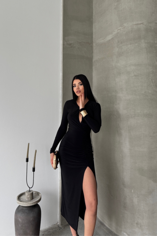 SANDY ELBİSE BÜZGÜ DETAYLI - Siyah - 4