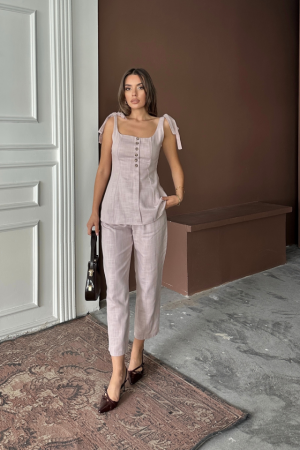 ŞANTUK KETEN YELEK GÖRÜNÜMLÜ ASKILI BLUZ - PANTOLON TK - Lila - 3