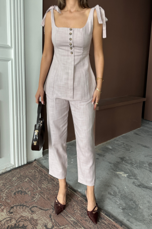 ŞANTUK KETEN YELEK GÖRÜNÜMLÜ ASKILI BLUZ - PANTOLON TK - Lila - ANGELINO BuyukBedeniz (1)