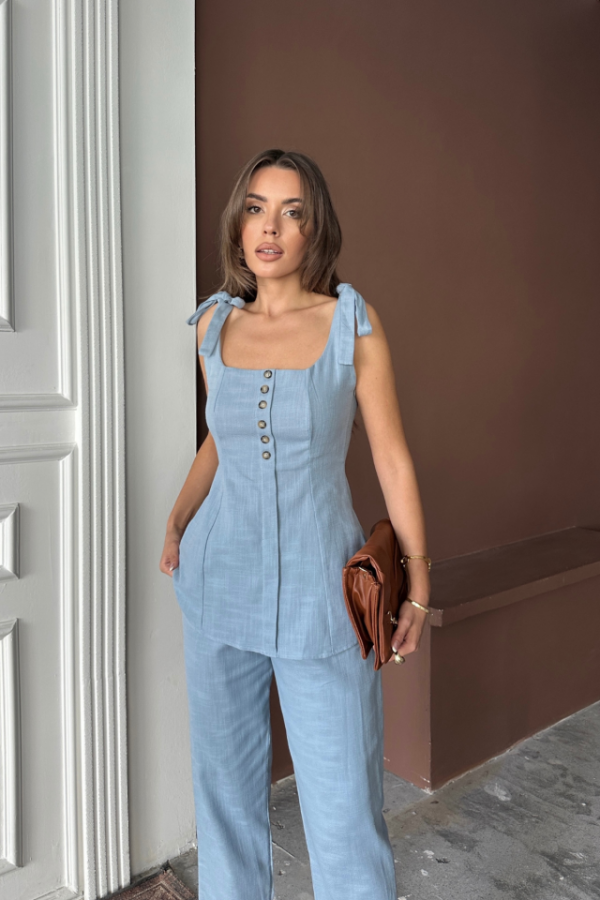 ŞANTUK KETEN YELEK GÖRÜNÜMLÜ ASKILI BLUZ - PANTOLON TK - Mavi - 2