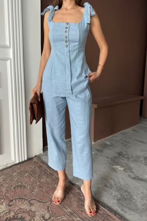 ŞANTUK KETEN YELEK GÖRÜNÜMLÜ ASKILI BLUZ - PANTOLON TK - Mavi - 3