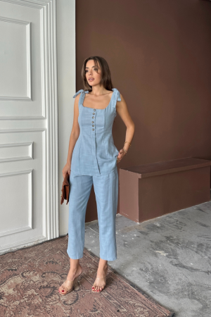 ŞANTUK KETEN YELEK GÖRÜNÜMLÜ ASKILI BLUZ - PANTOLON TK - Mavi - 4