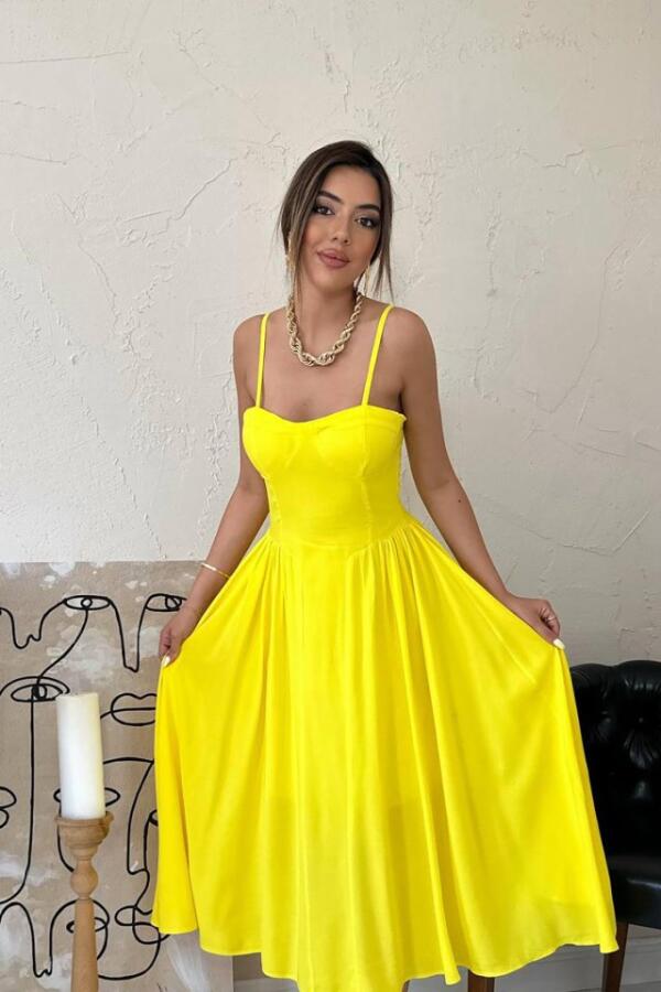Sarı Göğüs Kuplu Uzun Büzgülü Elbise - 2