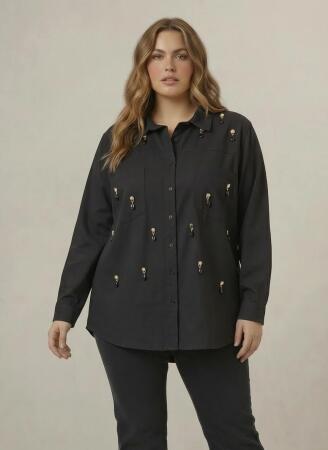 Sarkaç Aksesuarlı Büyük Beden Gömlek Siyah - RMG