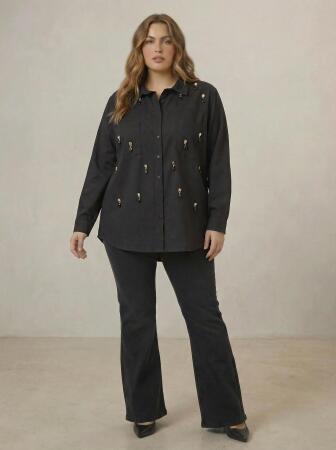 Sarkaç Aksesuarlı Büyük Beden Gömlek Siyah - RMG (1)