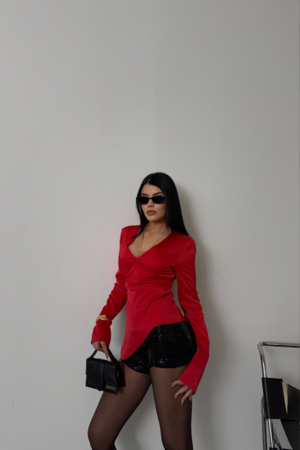 SATEN ANVELOP BLUZ MANŞET KOL - Kırmızı - 3
