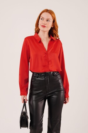 Saten Crop Model Kırmızı Gömlek - ANGELINO BuyukBedeniz (1)