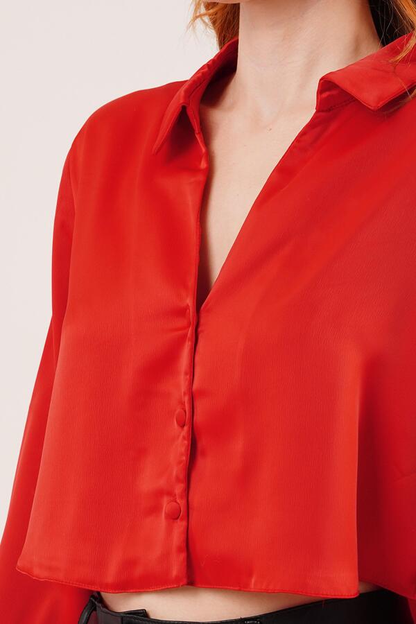 Saten Crop Model Kırmızı Gömlek - 3
