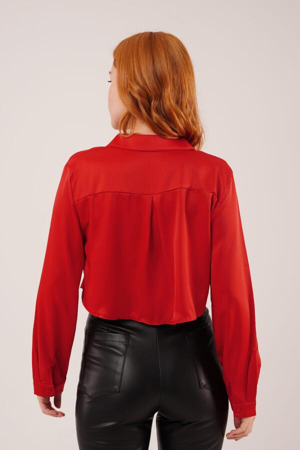 Saten Crop Model Kırmızı Gömlek - 4