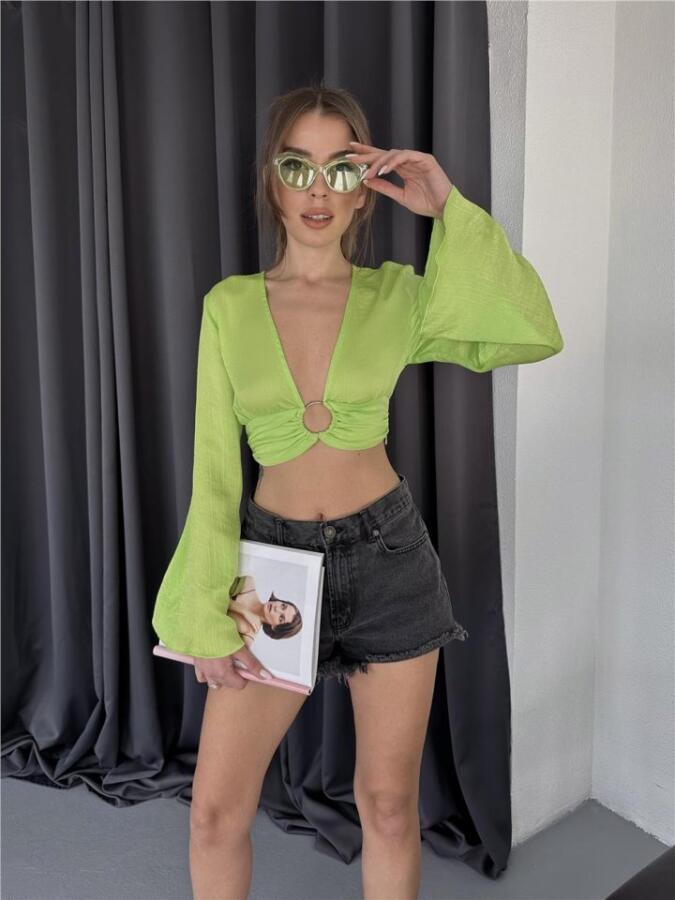 SATEN CROP TOKA DETAYLI BLUZ - Yeşil - 1