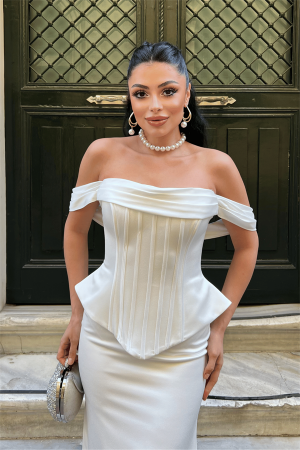 Saten Kumaş Balen Detaylı Abiye Elbise - BEYAZ - 3