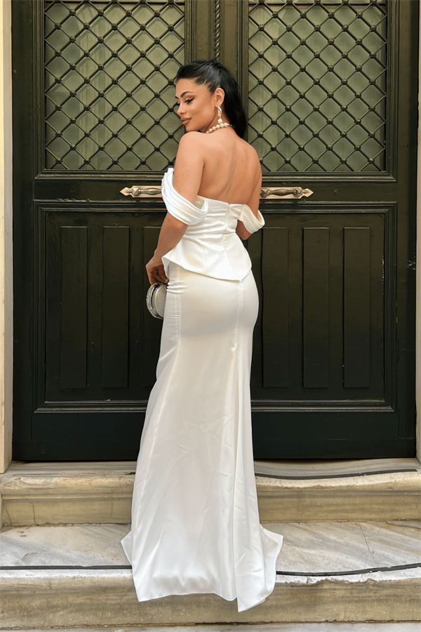 Saten Kumaş Balen Detaylı Abiye Elbise - BEYAZ - 5