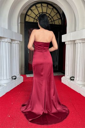 Saten Kumaş Balen Detaylı Abiye Elbise - BORDO - 5