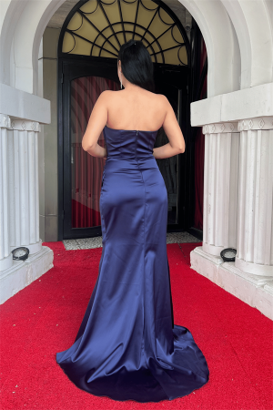 Saten Kumaş Balen Detaylı Abiye Elbise - LACİVERT - 5