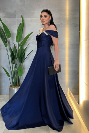 Saten Kumaş Balen Taş Detaylı Abiye - LACİVERT - Angelino Moda (1)