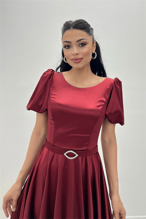 Saten Kumaş Balon Kol Midi Elbise - BORDO - 1