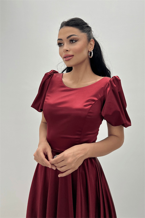 Saten Kumaş Balon Kol Midi Elbise - BORDO - 2