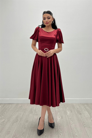 Saten Kumaş Balon Kol Midi Elbise - BORDO - 3