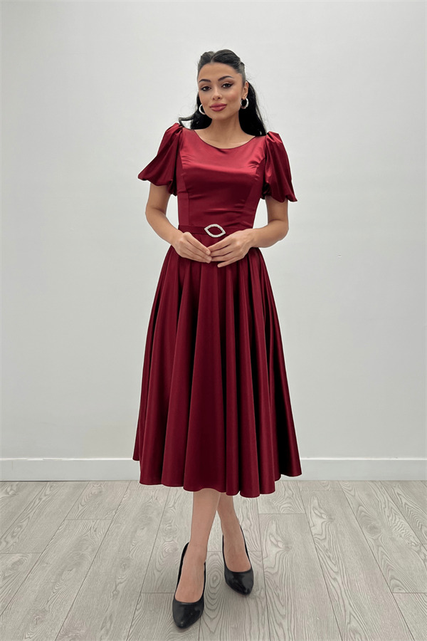 Saten Kumaş Balon Kol Midi Elbise - BORDO - 3