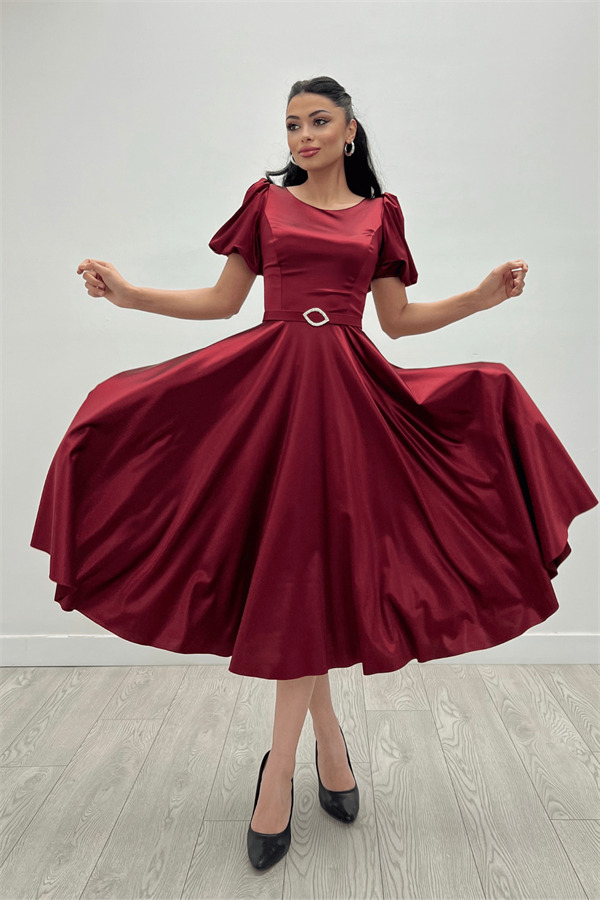 Saten Kumaş Balon Kol Midi Elbise - BORDO - 4