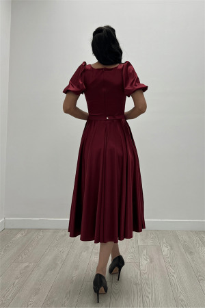 Saten Kumaş Balon Kol Midi Elbise - BORDO - 5