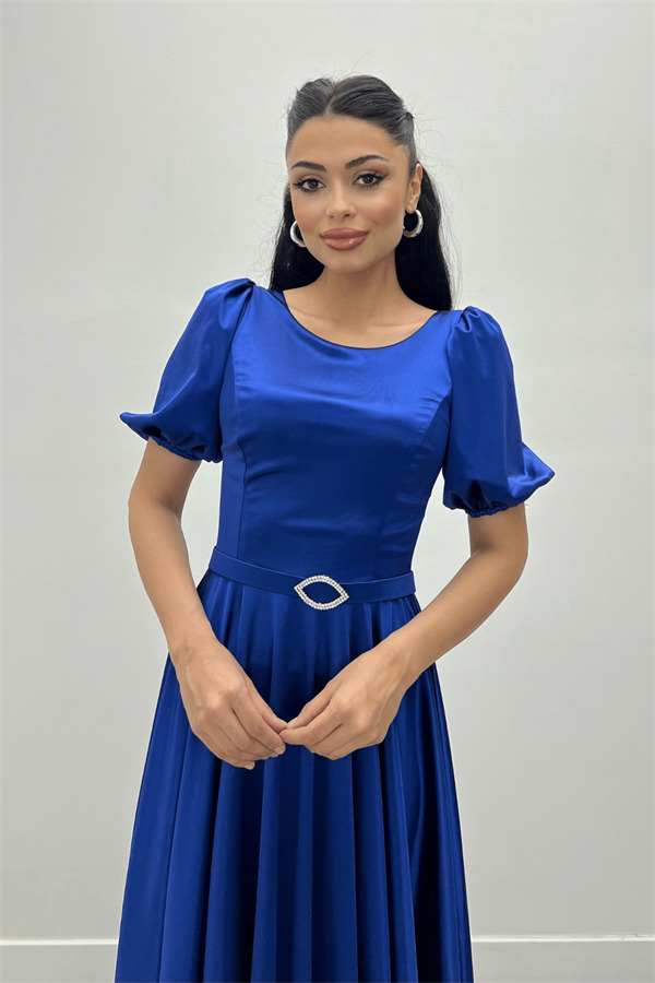 Saten Kumaş Balon Kol Midi Elbise - SAKS MAVİ - 1