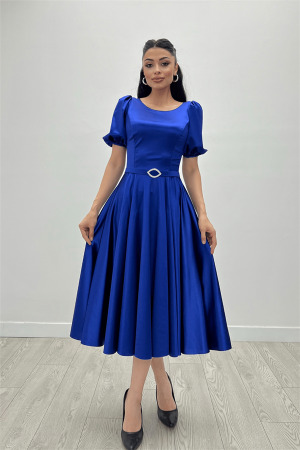 Saten Kumaş Balon Kol Midi Elbise - SAKS MAVİ - 3