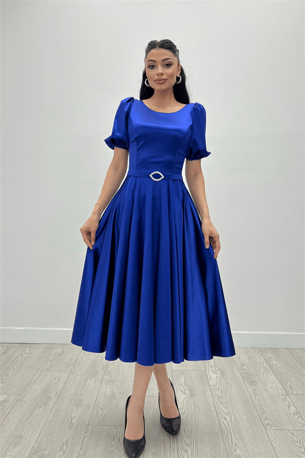 Saten Kumaş Balon Kol Midi Elbise - SAKS MAVİ - 3