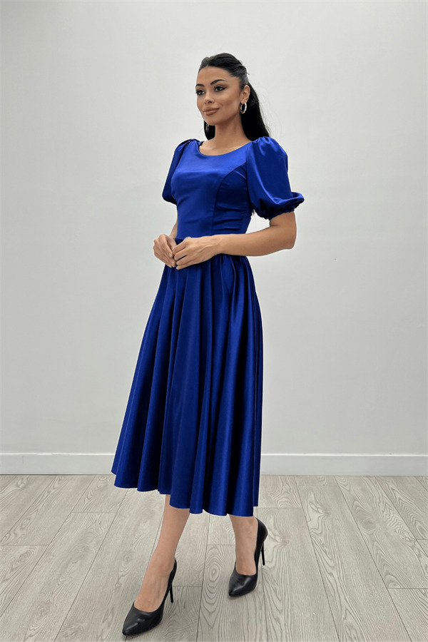 Saten Kumaş Balon Kol Midi Elbise - SAKS MAVİ - 4