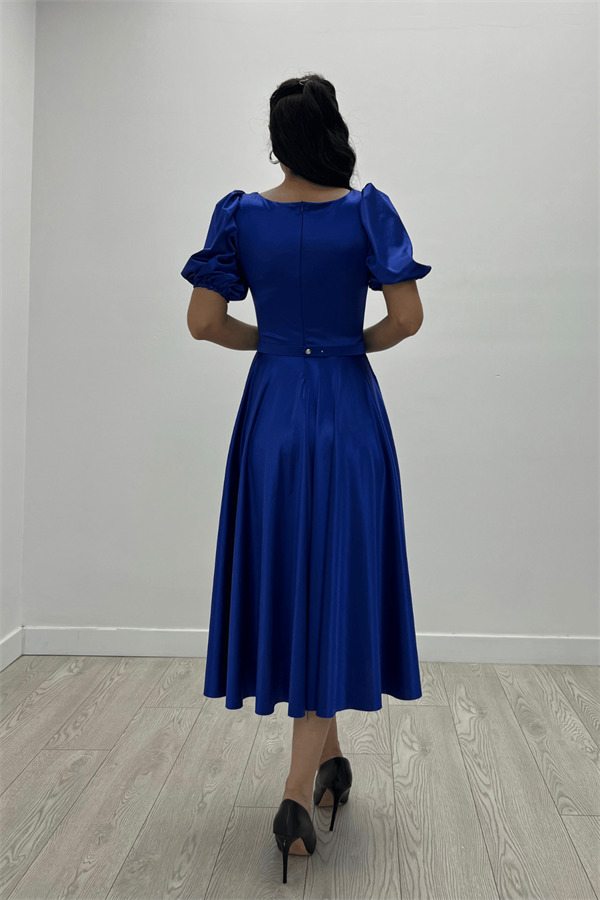 Saten Kumaş Balon Kol Midi Elbise - SAKS MAVİ - 5