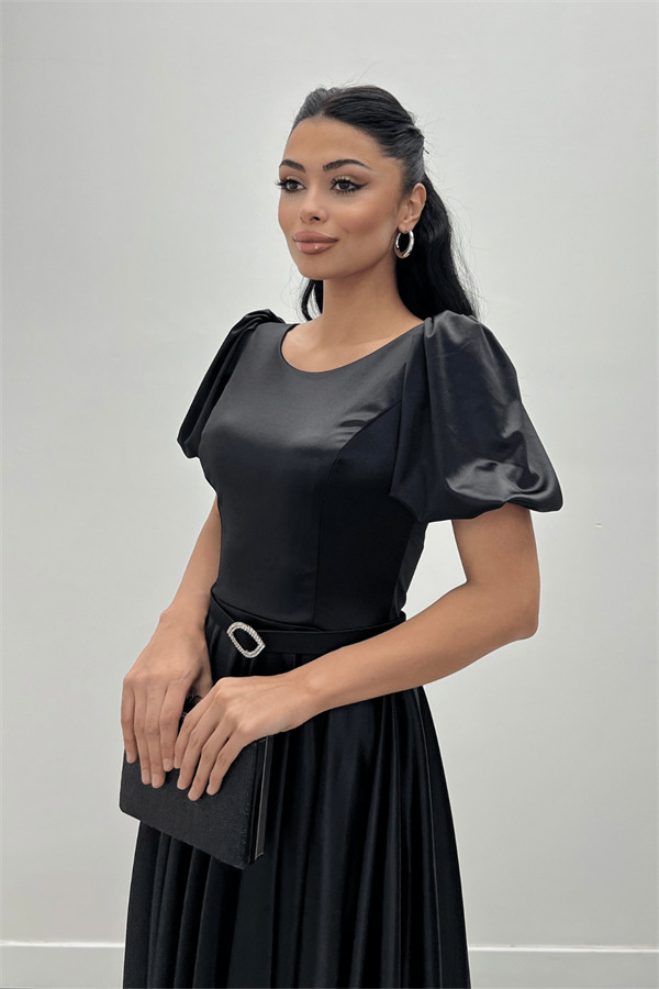 Saten Kumaş Balon Kol Midi Elbise - SİYAH - 2