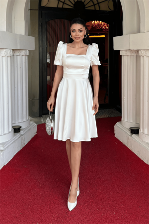 Saten Kumaş Balon Kol Mini Elbise - BEYAZ - Angelino Moda