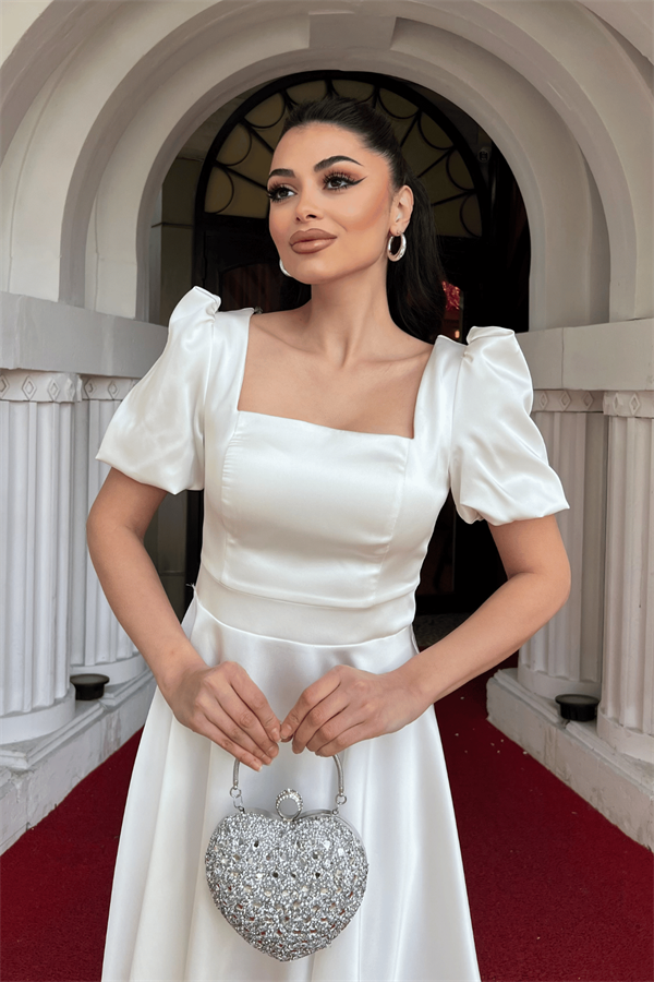 Saten Kumaş Balon Kol Mini Elbise - BEYAZ - 3