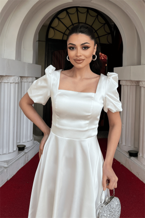 Saten Kumaş Balon Kol Mini Elbise - BEYAZ - 4