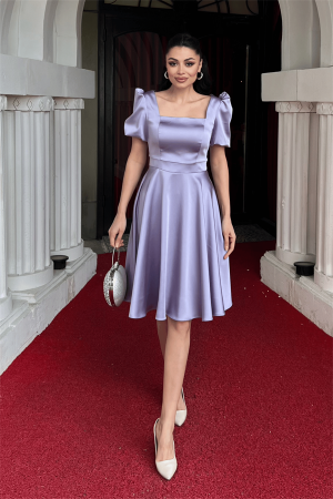 Saten Kumaş Balon Kol Mini Elbise - LİLA - EİPOM