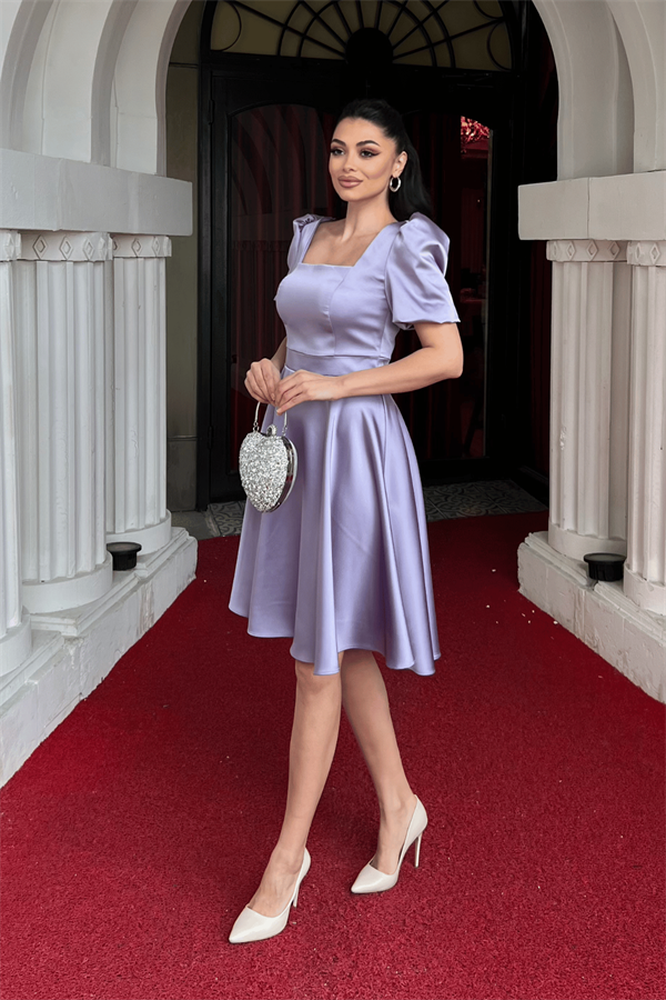 Saten Kumaş Balon Kol Mini Elbise - LİLA - 2