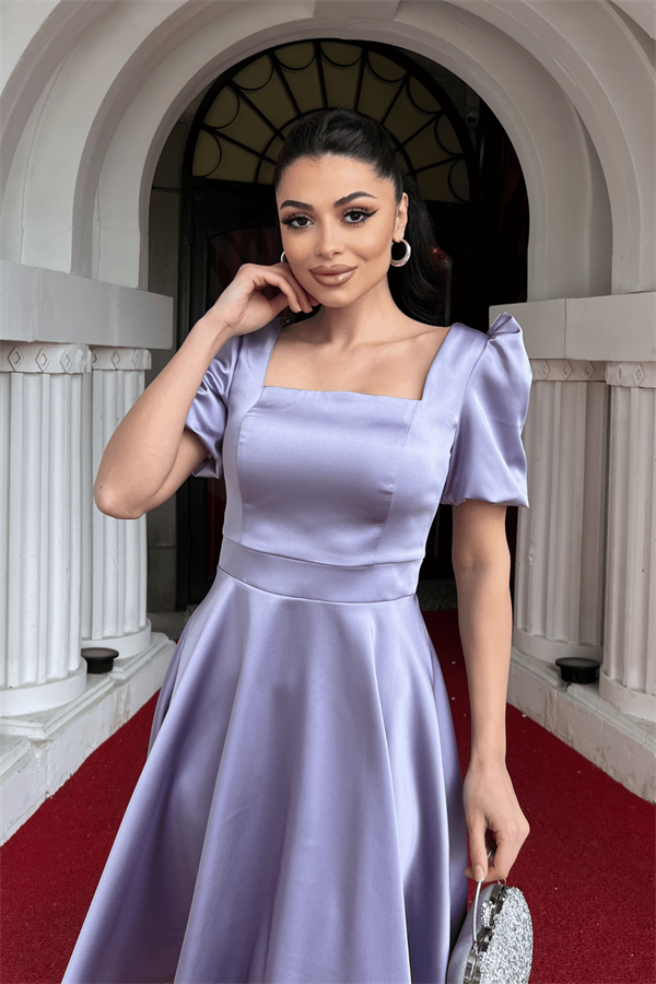 Saten Kumaş Balon Kol Mini Elbise - LİLA - 3