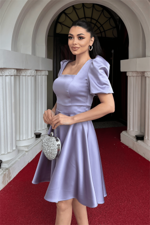 Saten Kumaş Balon Kol Mini Elbise - LİLA - 4