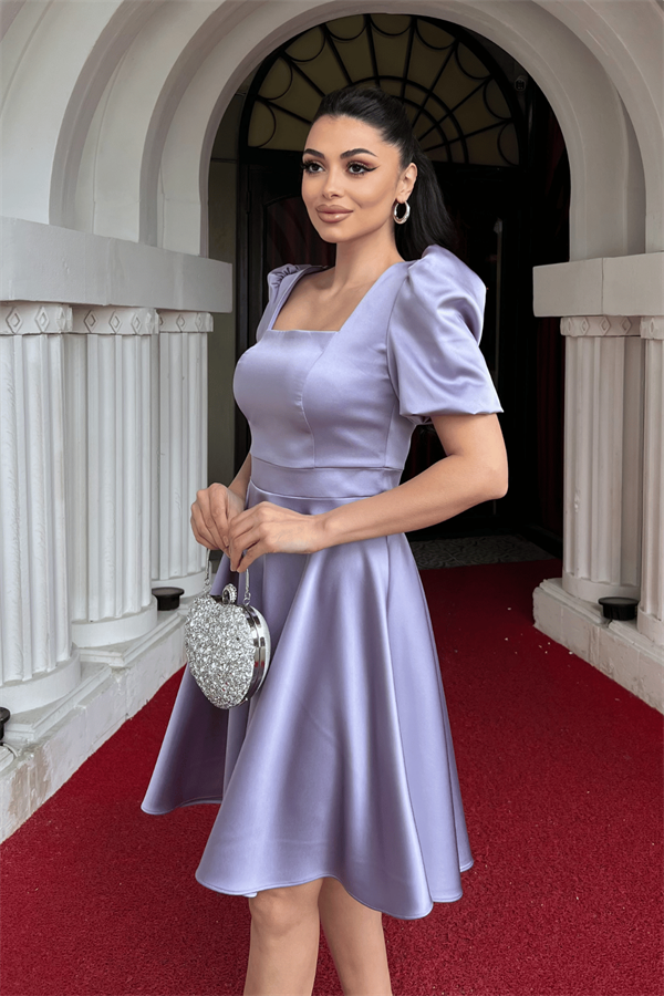 Saten Kumaş Balon Kol Mini Elbise - LİLA - 4