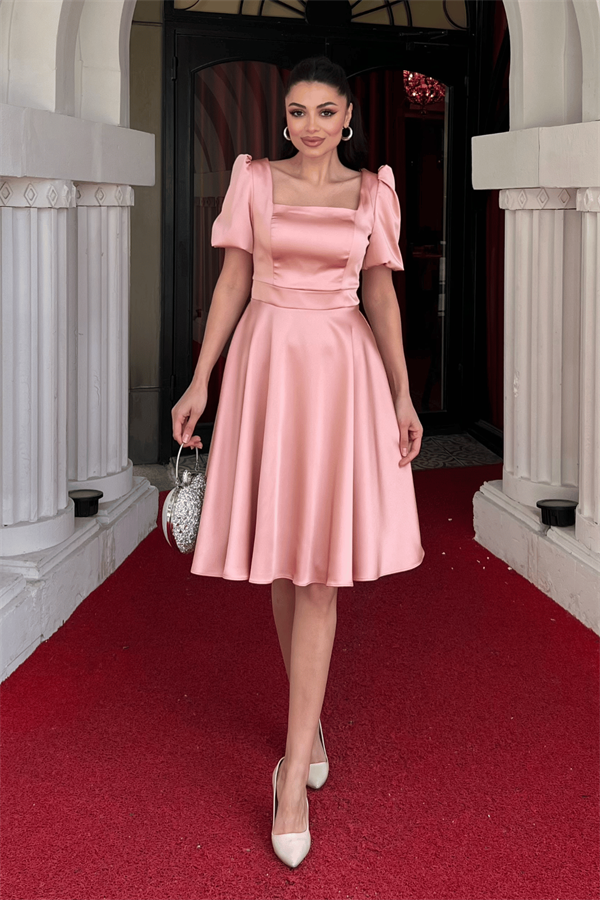 Saten Kumaş Balon Kol Mini Elbise - PUDRA - 1