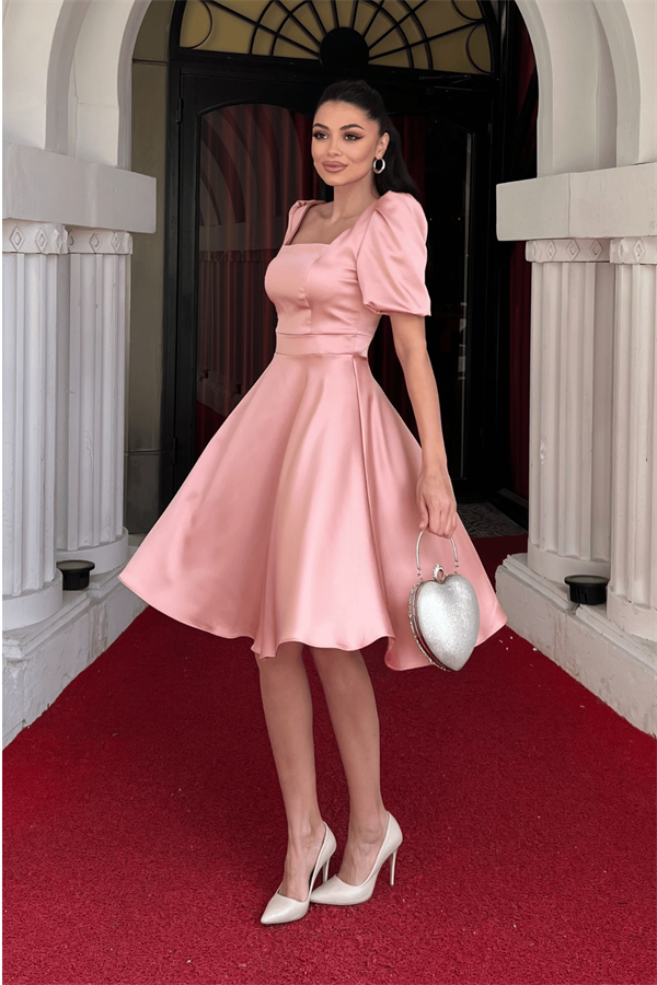 Saten Kumaş Balon Kol Mini Elbise - PUDRA - 2