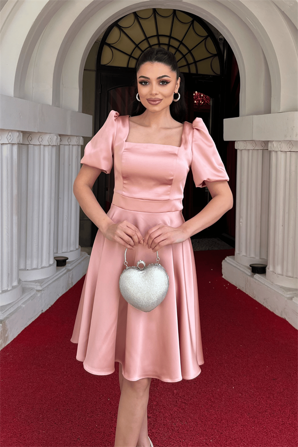 Saten Kumaş Balon Kol Mini Elbise - PUDRA - 3