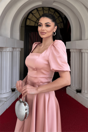 Saten Kumaş Balon Kol Mini Elbise - PUDRA - 4