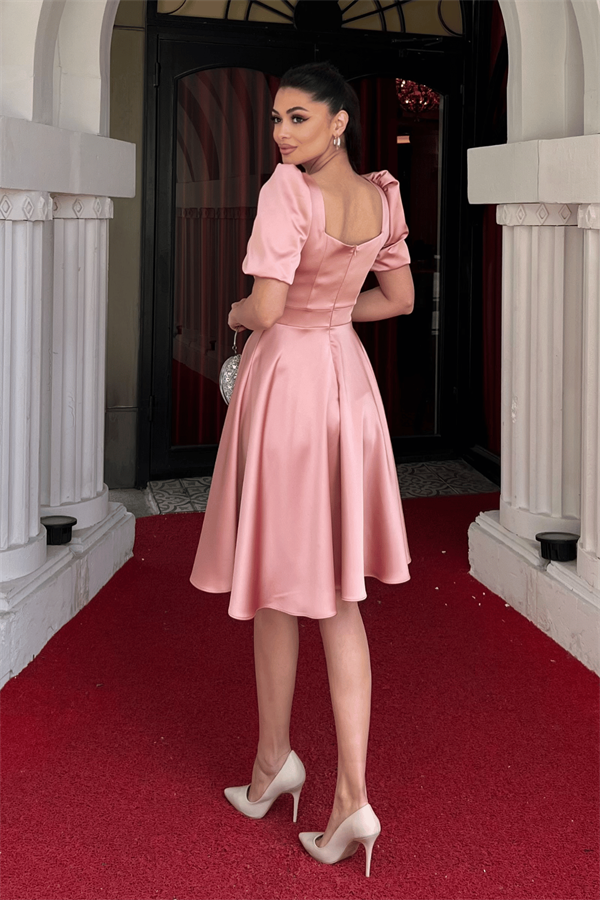 Saten Kumaş Balon Kol Mini Elbise - PUDRA - 5