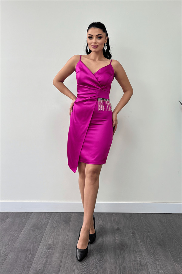 Saten Kumaş Boncuk Detaylı Elbise - FUŞYA - 2