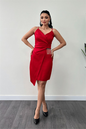 Saten Kumaş Boncuk Detaylı Elbise - KIRMIZI - Angelino Moda