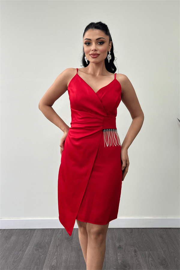 Saten Kumaş Boncuk Detaylı Elbise - KIRMIZI - 3