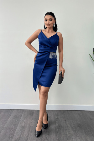 Saten Kumaş Boncuk Detaylı Elbise - LACİVERT - Angelino Moda